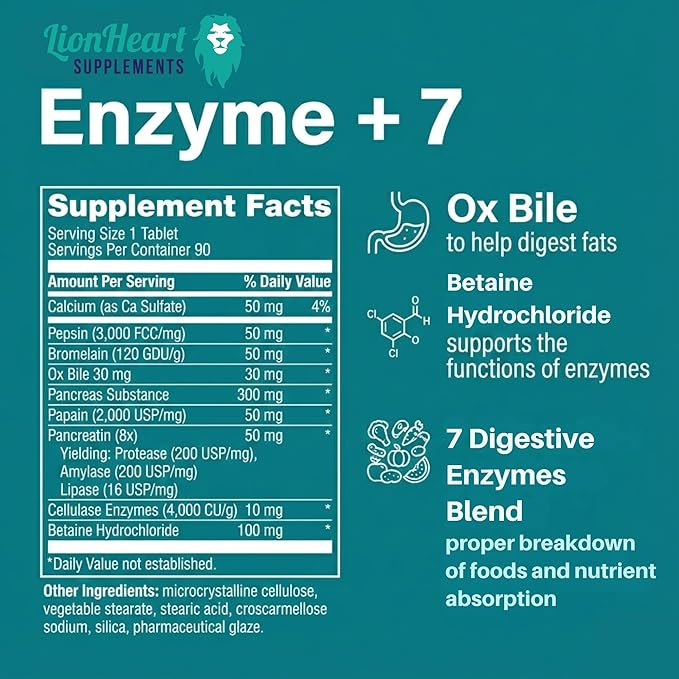 Digestive Enzymes with ox Bile - Supplements for No Gallbladder - Helps Digest Meals Small or Large - Including HCL - Pepsin - Papain & Bromelain - Purified Bile Salts - Gallbladder Support 60ct