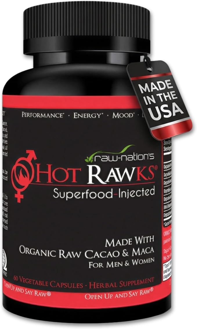 Hot Rawks Organic Superfood & Herbal Supplement for Men and Women – Maca, Korean Ginseng, Tribulus, Cacao + Botanical Blend – Vegan, Non-GMO, All-Natural Daily Vitality & Mood Support – 60 Capsules