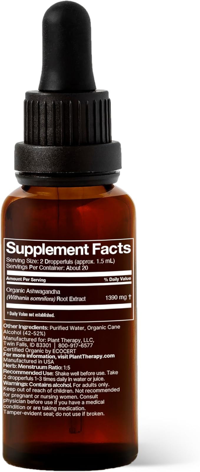 Plant Therapy Organic Ashwagandha Root Herbal Supplement Tincture 30 mL (1 oz) Supports Relaxation, Rejuvenating & Immune Supporting, Vegan, Non GMO, Gluten Free, Liquid, 1 Bottle