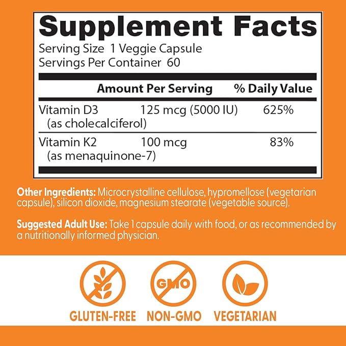 Doctor's Best Vitamin D3 and K2 Supplement for Men & Women - Vitamin D3 5000 IU + K2 as MK-7, Bone Health Support, Gluten Free, Non GMO, Vegetarian Capsules - 60 Veg Caps
