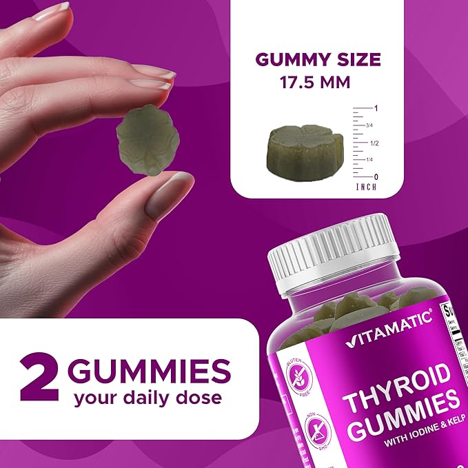 Vitamatic Vegan Thyroid Support Gummies with Iodine & Kelp – 60 Count Improve Your Energy & Increase Metabolism – Plant-Based
