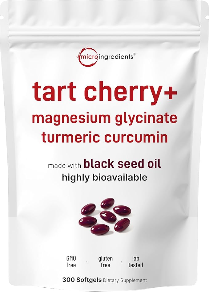 Tart Cherry+ with Magnesium Glycinate & 95% Turmeric Curcumin, 300 Softgels | Highly Bioavailable with Black Seed Oil Carrier | Extra Strength Tart Cherry Extract | Natural Herbal & Mineral Complex