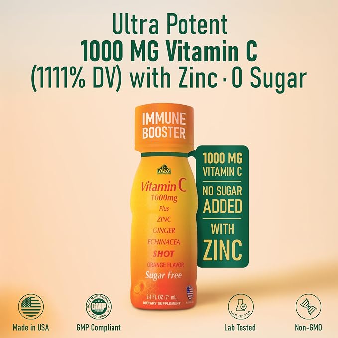 ALFA VITAMINS Vitamin C Shot 1000mg with Zinc, Ginger & Echinacea – Supports Immune Health & Daily Wellness – Orange Flavor – 2.4 FL Oz Bottle – 40 Pack