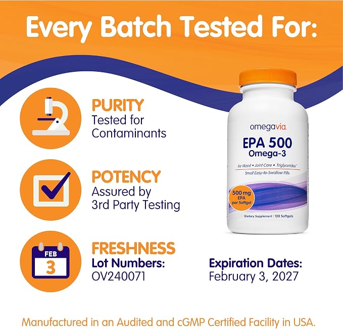 OmegaVia EPA 500, Purified Omega-3 Fish Oil Supplement, 500 mg EPA in Triglyceride Form, Burpless Fish Oil, Non-GMO, Gluten-Free, IFOS 5-Star, 120 Softgels (Pack of 2)