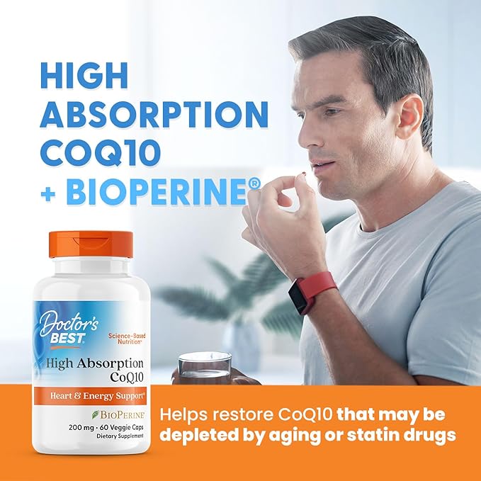 Doctor's Best High Absorption CoQ10 200mg with BioPerine Supplement - Coenzyme Q10 Caps for Heart Health & Antioxidant Support, CoQ10 200 mg for Women & Men, Non GMO - 180 Veg Capsules