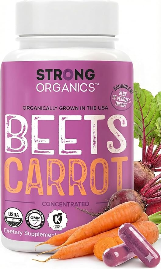Beet & Carrot Juice Caps - USA Grown, Organic Raw Cold Pressed for Eye, Skin & Heart Health – Vegan, Non GMO 120Ct
