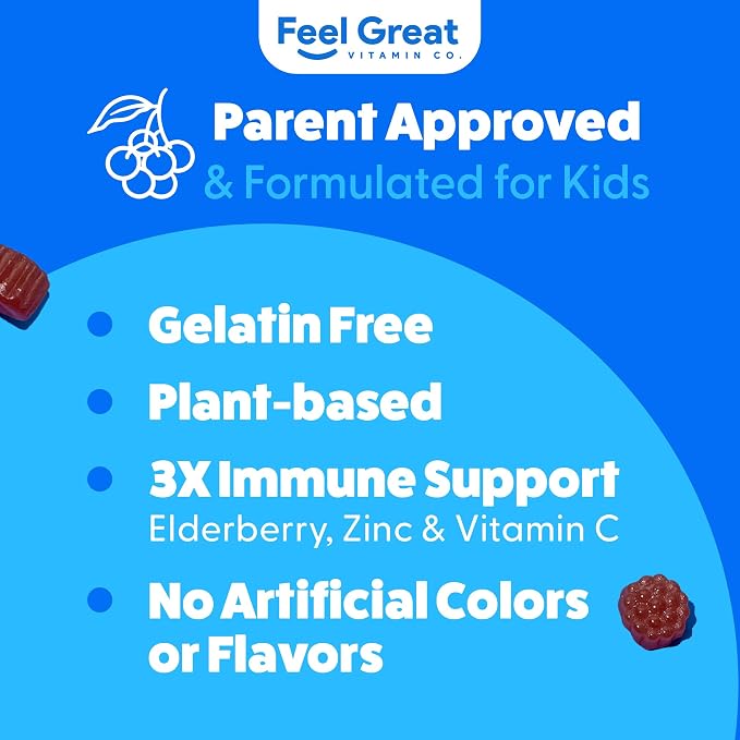 Feel Great Vitamin Co. Elderberry Gummies for Kids | Immune Support | Natural Antioxidant Immune Booster | with Vitamin C and Zinc | Gluten Free & Vegetarian | 90 ct 2 Pack
