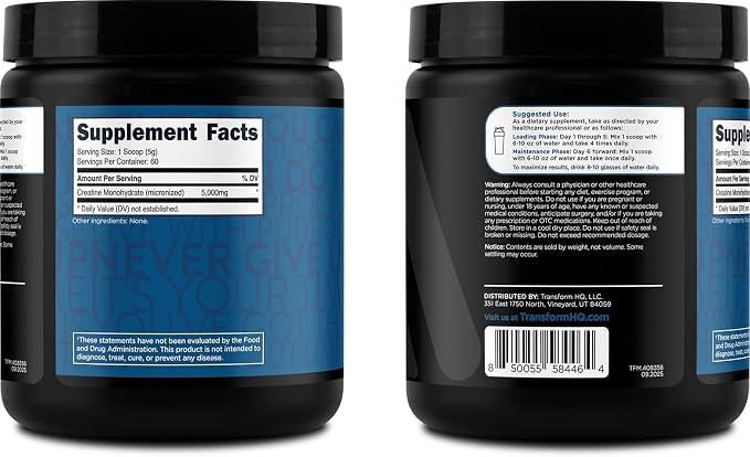TransformHQ Creatine Monohydrate Powder (60 Servings) Unflavored - 5000mg Per Serving