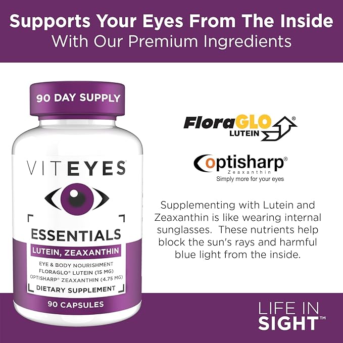 Viteyes Essentials Eye Health Dietary Supplement, Lutein & Zeaxanthin for Macular Support, 90 Capsules