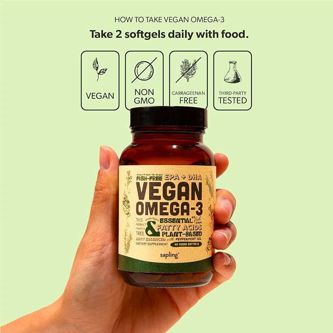 Vegan Omega 3 Supplement - Plant Based DHA & EPA Fatty Acids - Carrageenan Free, Alternative to Fish Oil, Supports Heart, Brain, Joint Health - Sustainably Sourced Algae - 60 Softgels
