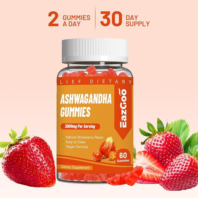 Ashwagandha Gummies & Vitamin D3, 3000mg Extra Strength Ashwagandha Root Extract for Boosts Energy, Immune Support, Non-GMO, Strawberry Flavor, 60 Count