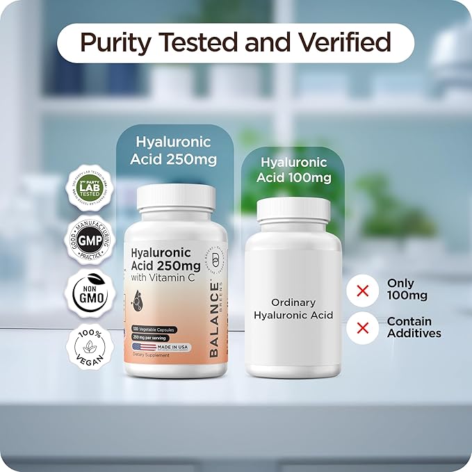 Pure Hyaluronic Acid Supplement 250mg with Vitamin C 50mg, 120 Vegan Capsules - Skin Hydration for Natural Glow, Hair, Nails, Bone & Joint Health Formula