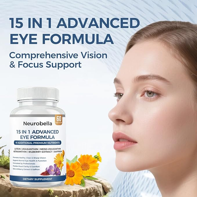 Neurobella Eye Formula, Neurobella 15 in 1 Advanced Eye Formula with All 3 Carotenoids, Lutein & Zeaxanthin, Saffron & Bilberry Extract