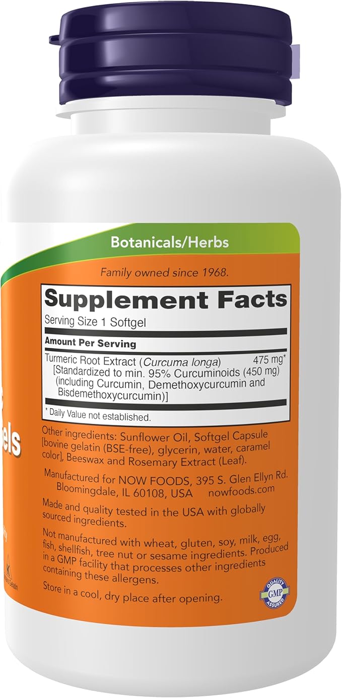 NOW Supplements, Tumeric Curcumin (Curcuma longa) Gels, Standardized Extract, Herbal Supplement with 95% Curcuminoids, 60 Softgels