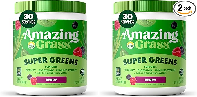 Amazing Grass Greens Superfood Powder: Greens Powder with Digestive Enzymes & Probiotics,Organic Spirulina,Chlorella,and Beet Root Powder,Berry,30 Servings (Packaging May Vary),(Pack of 2)