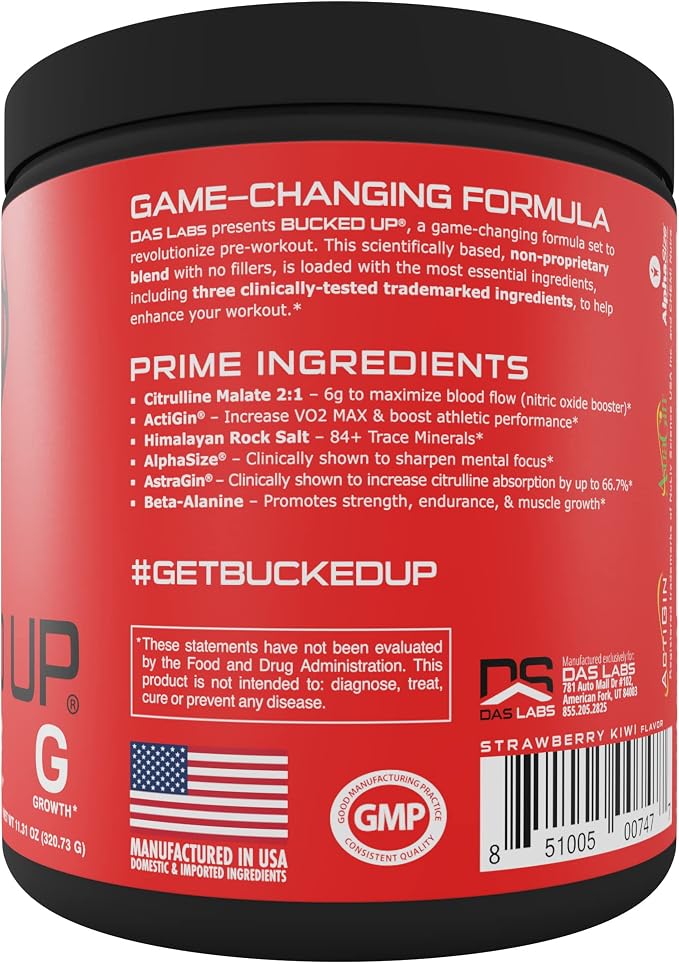 Bucked Up Pre Workout - Best Tasting - 6 Grams Citrulline, 2 Grams Beta Alanine Non Proprietary Blend, Powder (Strawberry Kiwi)