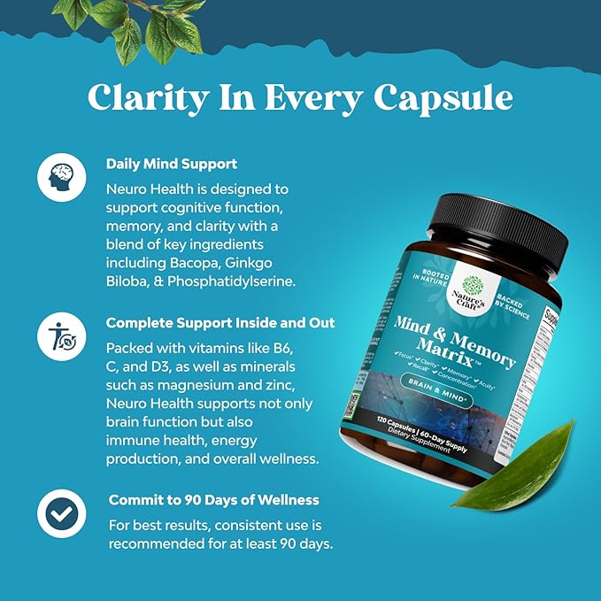 Nootropic Brain Supplement for Memory and Focus Enhancement - Vitamins for Mental Health & Clarity with VIT A, B6, Riboflavin, Niacin, Thiamin & Folate - Cognitive Complex for Mind Vitality - 120ct