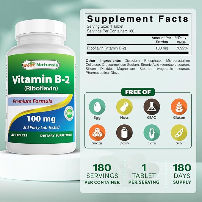 Best Naturals Vitamin B2 (Riboflavin) 100 mg 180 Tablets - Premium Formula - 3rd Party Lab Tested