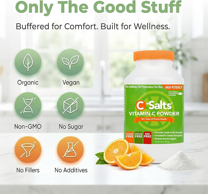 C-Salts Vitamin C Powder - 100% Pure Buffered Ascorbic Acid Powder for Daily Immune Support & Collagen Production - Stomach-Friendly Organic Vegan Non-GMO Sugar-Free - 272 Servings - Original, 26oz