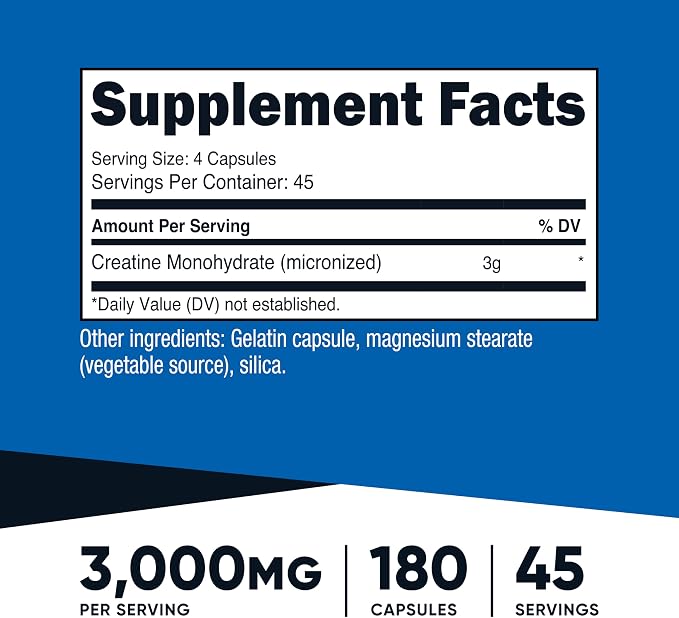 Nutricost Creatine Monohydrate 3,000mg, 180 Capsules (750mg Per Capsule) - Gluten Free, Non-GMO (Pack of 2)