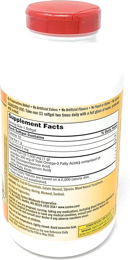 Kirkland Signature Fish Oil Concentrate with Omega-3 Fatty Acids, 800 Softgels, 1000mg