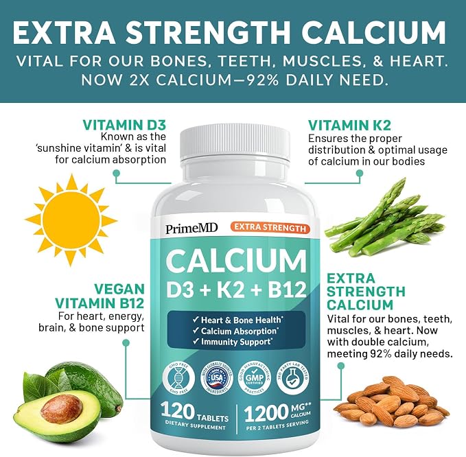 4-in-1 Calcium 1200 mg with Vitamin D3 Supplements for Women and Men - Calcium Extra Strength with Vitamin D3 K2 5000 IU Supplement,1200 mg per Serving - Vegan-Friendly - (120 Count) (Pack of 1)