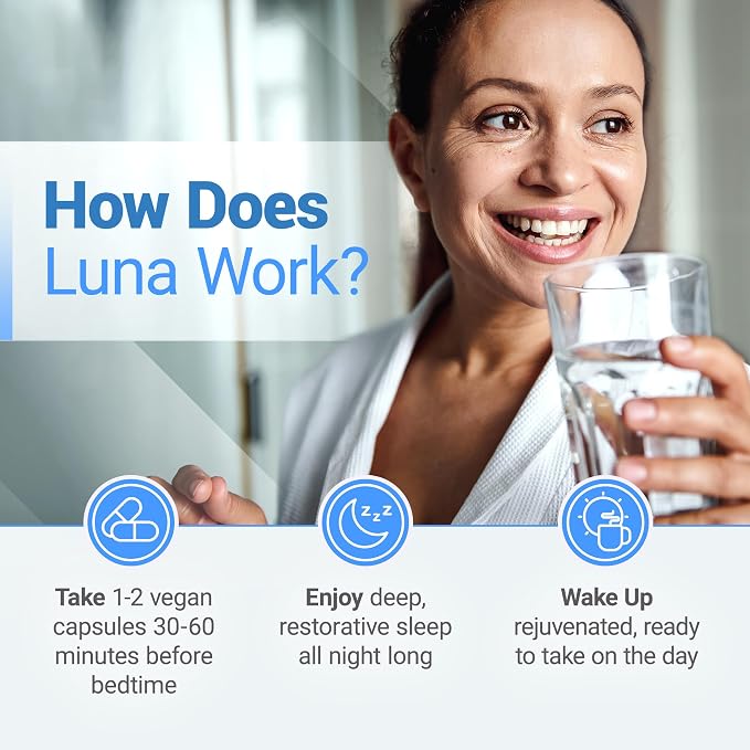 Nested Naturals Luna Sleep Supplement, Melatonin Free, Non-Habit Forming Herbal Sleep Supplement, Adult Bedtime Support, Help Sleeping w/Chamomile, Valerian, L-Theanine, 60 Vegan Capsules