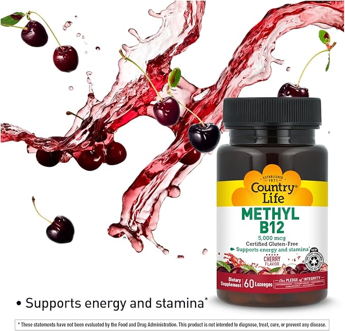 Country Life Methyl B12, Supports Energy & Stamina, 5,000mcg, 60 Lozenges, Certified Gluten Free, Certified Vegan, Certified Non-GMO Verified