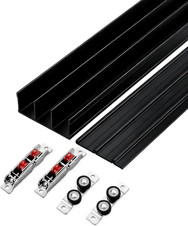 Adjustable Triple Rail Sliding Door Hardware Kit for 3-Panel Closets - Heavy-Duty Aluminum Track Set (220cm/86.6in) - Easy Installation, Recessed Mounting Solution