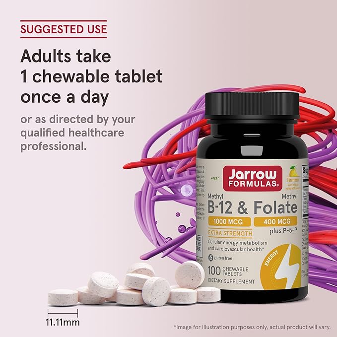 Jarrow Formulas Methyl B-12 & Methyl Folate, Bioactive Vitamin B9 & Vitamin B12 Supplement, Supports Cellular Energy Production, Healthy Brain Function & Metabolism, 100 Chewable Tablets, 100 Servings