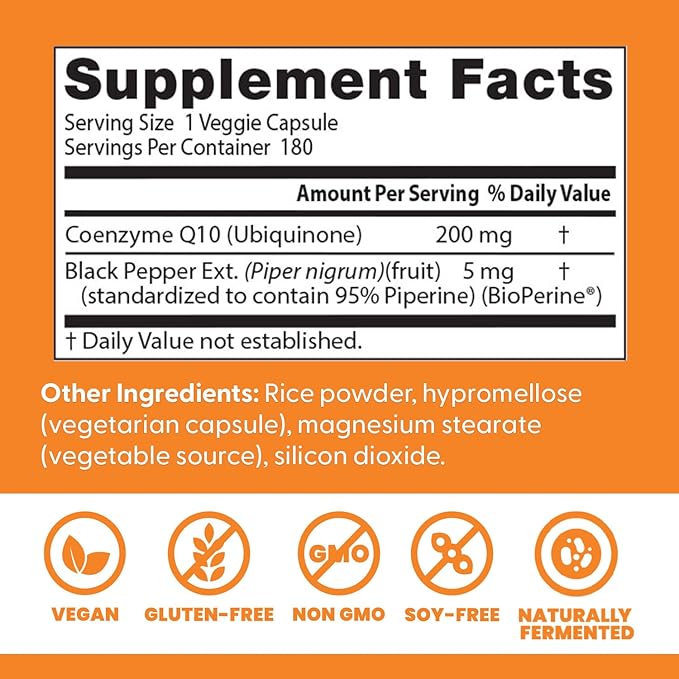Doctor's Best High Absorption CoQ10 200mg with BioPerine Supplement - Coenzyme Q10 Caps for Heart Health & Antioxidant Support, CoQ10 200 mg for Women & Men, Non GMO - 180 Veg Capsules