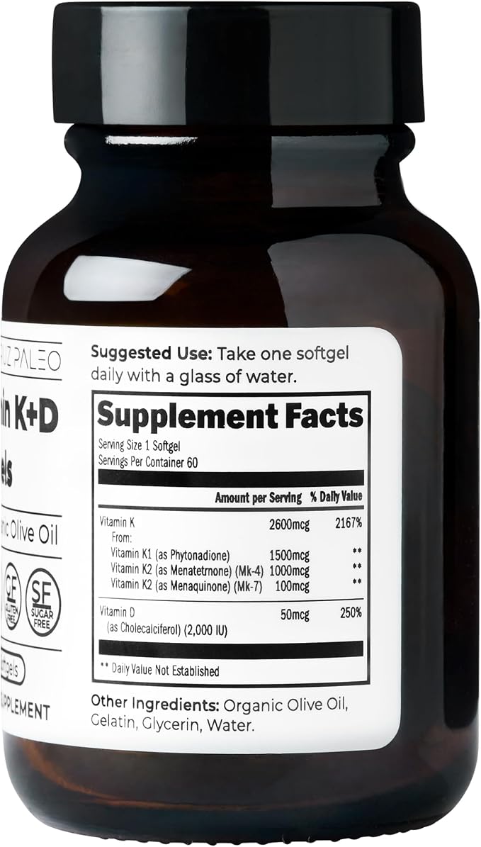Santa Cruz Paleo Vitamin K2 + D3 Softgels, Daily Supplement with Organic Olive Oil, Includes Vitamin K1 & Two Forms of K2, Supports Heart & Bone Health, Gluten Free, Sugar Free, Paleo, Keto, 60 Count