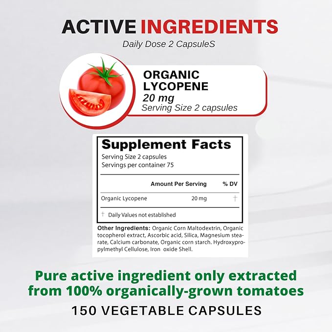 Organic Lycopene | Antioxidant Natural Supplement | with Organic Lycopene from Tomato | 150 Capsule Pack
