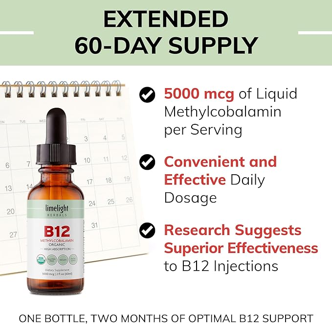 USDA Organic Vitamin B12 Liquid Drops 5000 mcg, Methylcobalamin, Sublingual, Fast Absorption, Cellular Energy, Metabolism Support, Nervous System, Mental Focus, Vegan, Non-GMO, 2 fl oz, 60 Servings