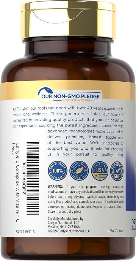 Carlyle Vitamin B Complex for Women and Men | 250 Caplets | with Vitamin C | Vegetarian, Non-GMO, and Gluten Free Supplement