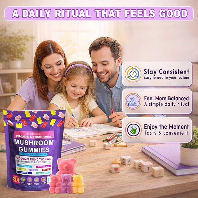 Mushroom Gummies with Ashwagandha, Lion’s Mane, Reishi, Cordyceps, Turkey Tail, Maitake, Shiitake & Chaga, Vegan Mushroom Supplement Gummy, Gluten Free, Mixed Fruit Flavor, 80 Count