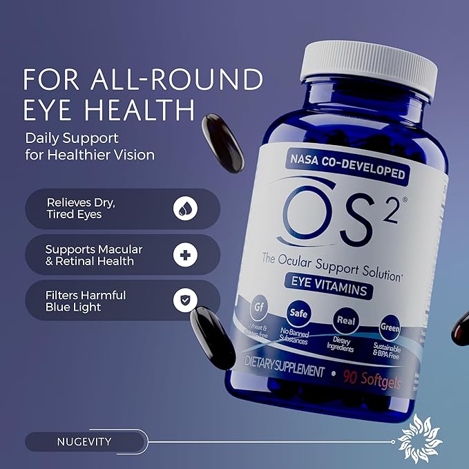 OS2 Ocular Support Solution - Patented Eye Vitamins for Macular Health, Dry Eye and Blue Light - Lutein, Zeaxanthin, Omega 3, Astaxanthin and AREDS2 Supplements, Co-Developed by NASA, 90 ct
