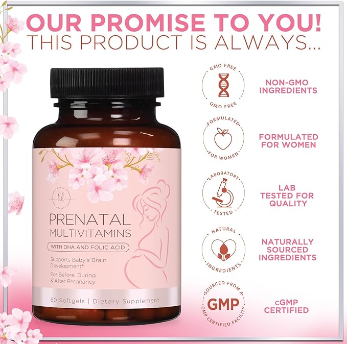 Prenatal Vitamins for Women - Prenatal Multivitamin with Folic Acid & Omega 3 DHA Fetal Development Support - Pregnancy Vitamin Supplement with, Vitamin A, C, D, B6, B12 & Iron - 60 Softgels