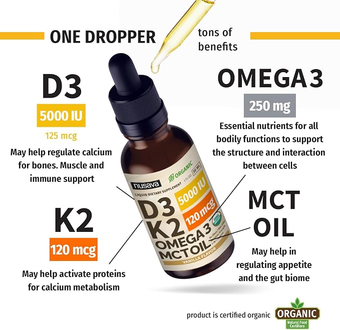 NUSAVA (4 Pack) Organic Vitamin D3 K2 Drops with MCT Oil Omega 3, 5000 IU, Maximum Strength Vitamin D Liquid - No Fillers, Non-GMO Liquid D3 for Faster Absorption & Immune Support (Vanilla, 4 Fl Oz)