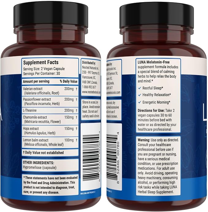 Nested Naturals Luna Sleep Supplement, Melatonin Free, Non-Habit Forming Herbal Sleep Supplement, Adult Bedtime Support, Help Sleeping w/Chamomile, Valerian, L-Theanine, 60 Vegan Capsules