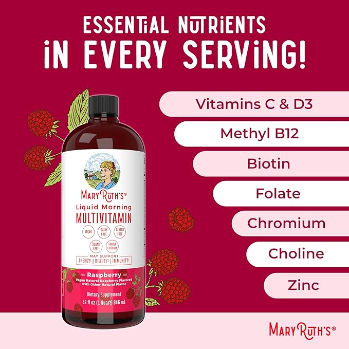 MARYRUTH'S Liquid Morning Multivitamin for Women, Men & Kids | Vitamin A C D E B6 B12 Biotin Zinc | Beauty | Vegan | Non-GMO | Gluten Free | 32 Servings