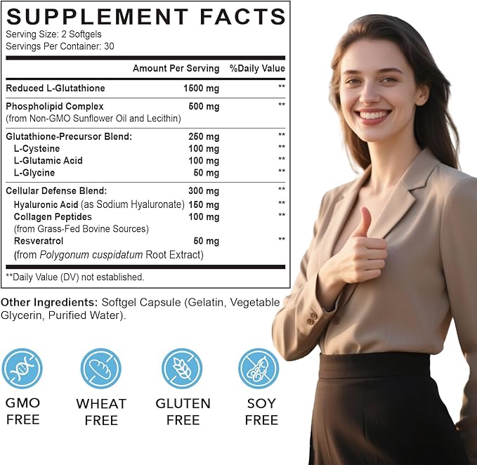 Liposomal Glutathione Softgels, Enhanced Absorption - Liposomal Delivery, Active Form L-Glutathione, Cellular, Immune Function & Liver Detox, Rich in Antioxidant Formula, Gluten Free, 60 Softgels