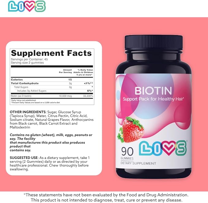 LIVS Biotin Gummies 10000mcg – Supports Healthy Hair, Skin & Nails | Vitamin B7 Supplement for Women & Men | Natural Grape Flavor | Vegan, Gluten Free & Non-GMO | 90 Count with 45 Servings