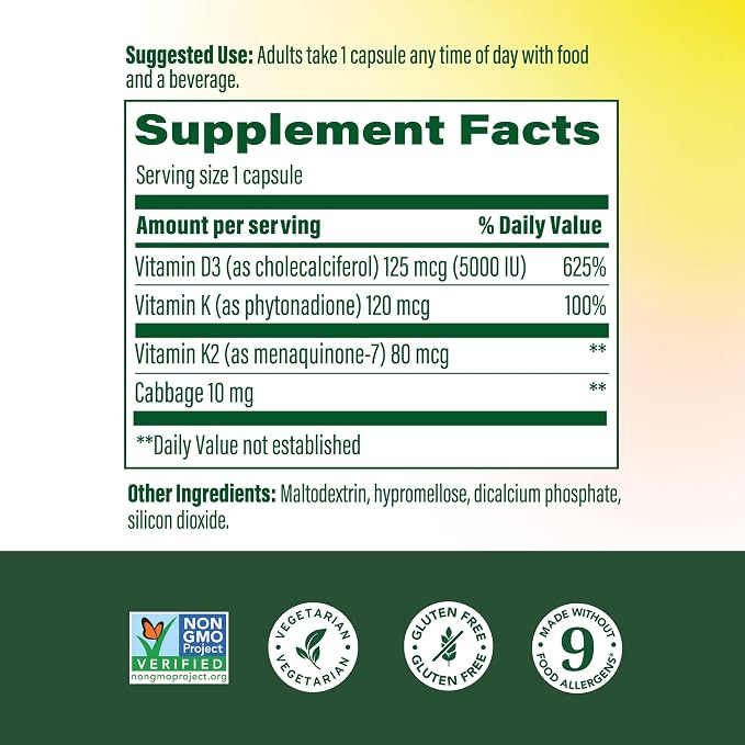 MegaFood Vitamin D3 5000 IU (125 mcg) - Vegetarian Supplements with Vitamin D3 K2 - Supports Bones, Teeth, Muscles & Immune Health - Certified Non-GMO - 120 Mini Capsules, 120 Servings