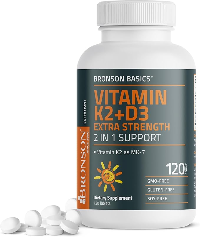 Bronson Vitamin K2 (MK7) with D3 Supplement Extra Strength 2 in 1 Support, 10,000 IU Vitamin D3 & 120 mcg K2 MK-7, 120 Tablets