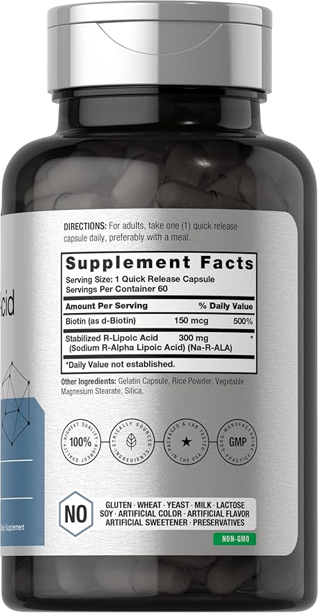 Horbäach Stabilized R-Lipoic Acid 300mg | 60 Capsules | with Biotin Optimizer | Non-GMO, Gluten Free | Na-RALA Supplement