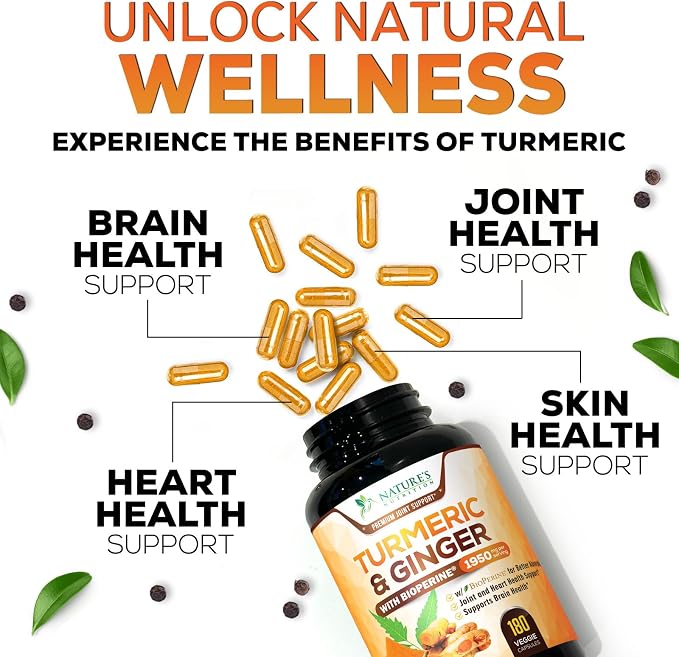 Turmeric Curcumin Supplement - 95% Curcuminoids with Organic Turmeric & Ginger, BioPerine Black Pepper Extract for Best Absorption, Natural Vegan Joint Support, Non-GMO, Bottled in USA - 120 Capsules