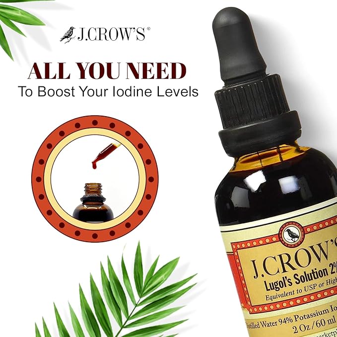 J.CROW'S® Lugol's Iodine 2% Solution, Iodine & Potassium Iodide 2 oz (2 Bottles) - Liquid Supplement Drops - Non-GMO, Alcohol-Free - 1200 Drops