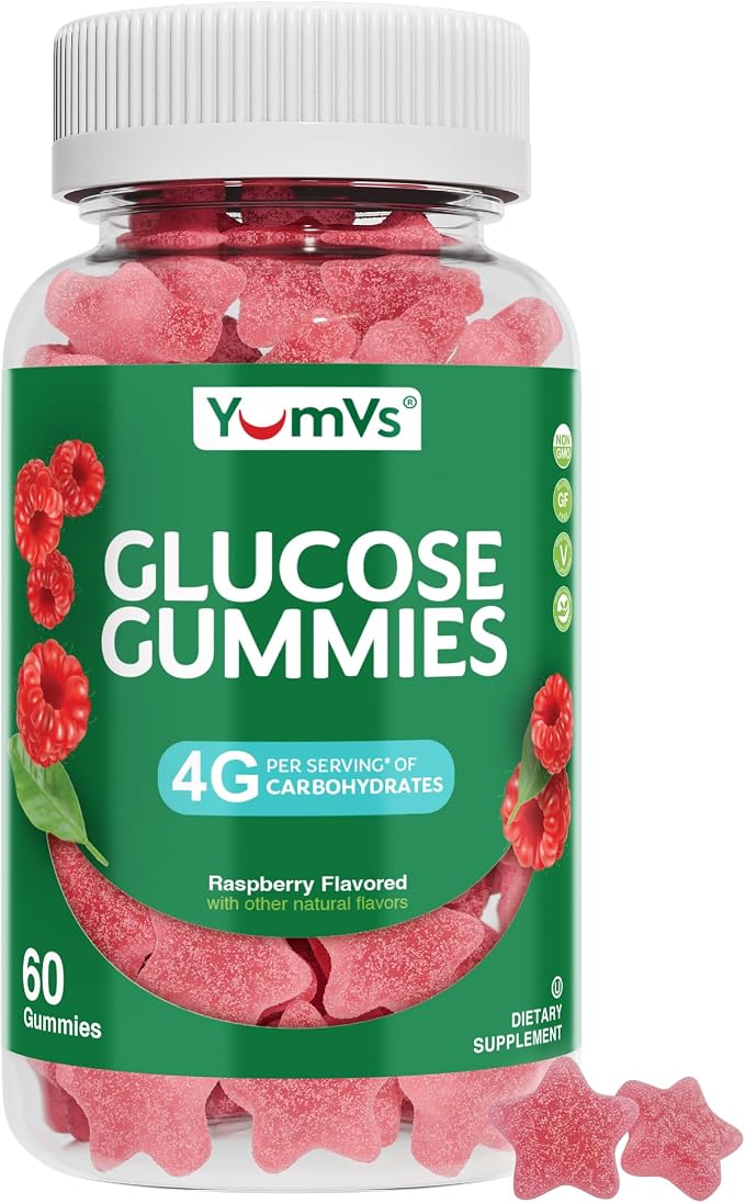 YUM-V'S Glucose Gummies – Fast Acting Glucose Chewable Gummies – Great Tasting – Gluten Free, Vegan, Non-GMO – Berry Natural Flavor – 60 Chewable Gummy for Adults & Kids