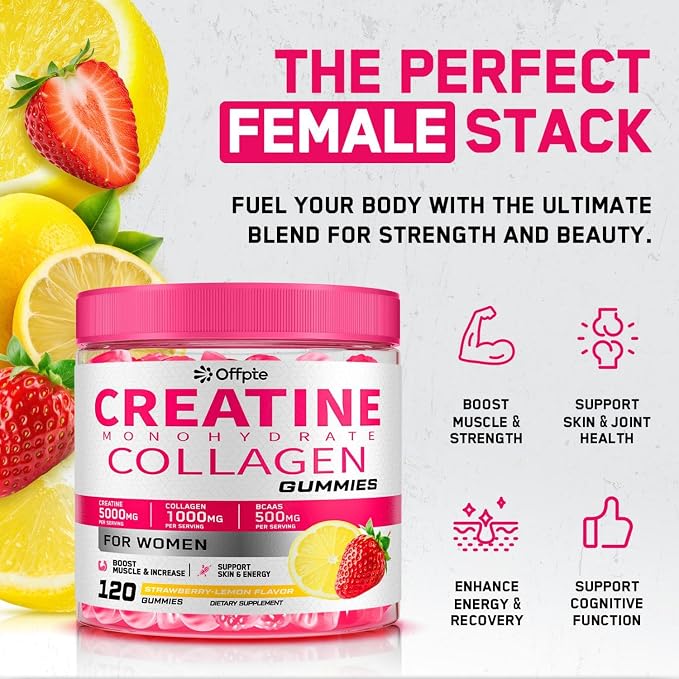 Creatine for Women, 5000mg Complex with Collagen & BCAAs, Vitamin B12, Creatine Monohydrate Gummies for Women, for Lean Muscles, Booty, Focus & Energy, Pre-Workout Chewbles, Sugar-Free, 120 Count